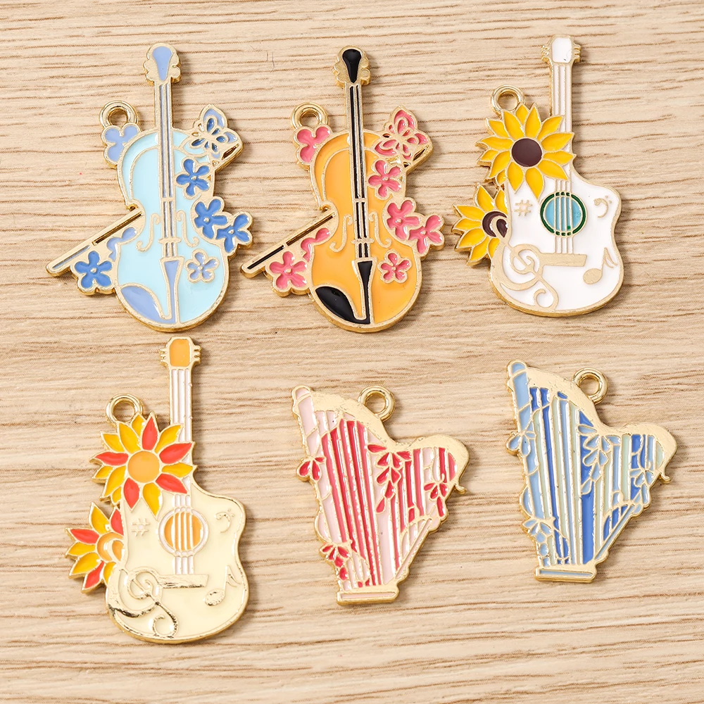 

Tusember 10Pcs Creative Enamel Flower Harp Guitar Cellos Charms Fit DIY Jewelry Making Musical Instruments Pendants Supply