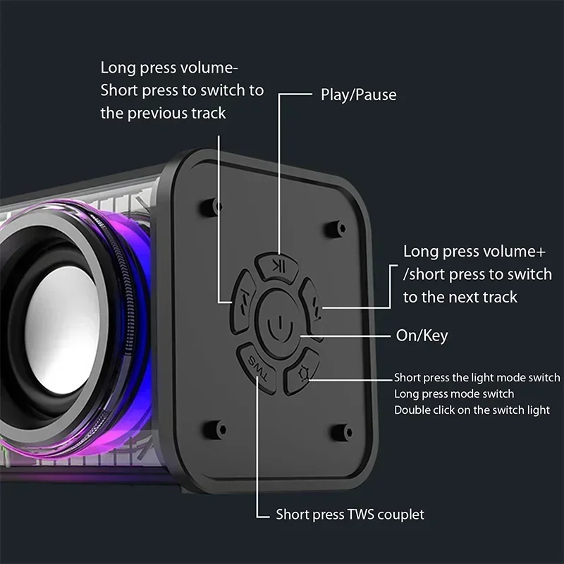 Haut-parleur de caisson de basses à diaphragme sans fil Mini Party, haut-parleurs de musique Mecha transparents V8, Bluetooth TWS, lumière RVB, nouveau, 5.0