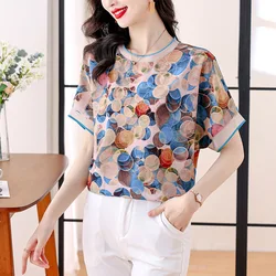 Women Fashion Elegant Polka Dot Print T-shirts Summer Casual Loose O-neck Short Sleeve Tops Office Lady All-match Chic Pullovers