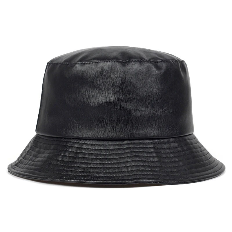 Unisex Solid Color Label Personality Pu Leather Bucket Hats Fishermen Caps Outdoor Casual Cap Sunscreen Hat