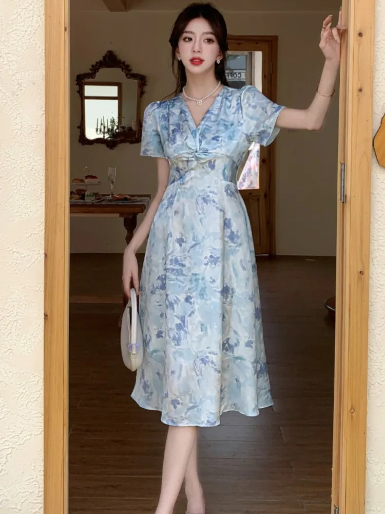 

V-neck Ruffle Short Sleeve Midi Dress Waist Tight High-waist Sweet Floral Print Chiffon Vestidos Elegant Female Party Clothing