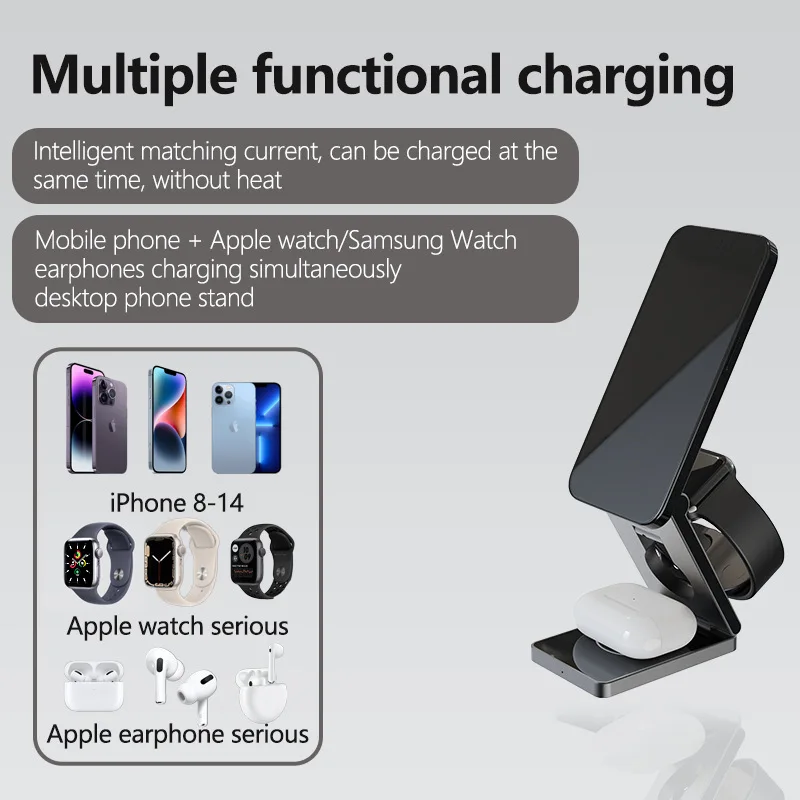 3 In 1 Magnetic Wireless Charger Stand For Apple Watch 8 7 Samsung Watch 6 5 iPhone 14 13 12 11Airprods Fast Charging Station