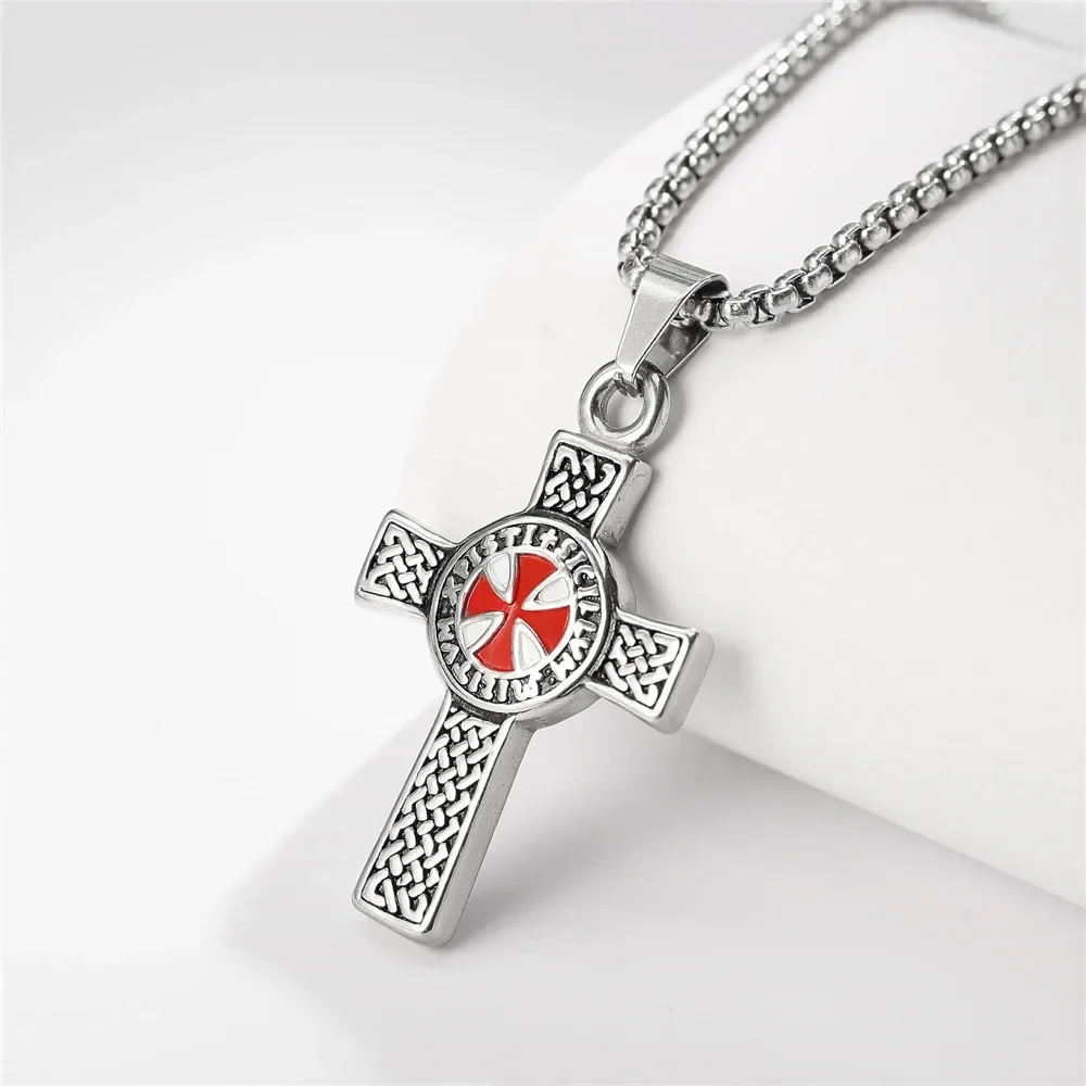 Fashion Punk Red Cross Templar Pendant Necklace Men\\'s Personalized Retro Christian Religious Jewelry