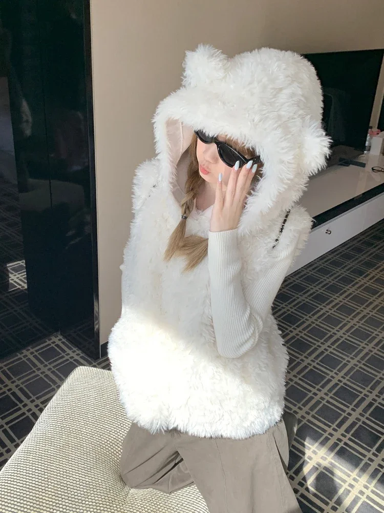 

Japanese Sleeveless Faux Fur Vest Coats Women Casual Y2k Clothing Harajuku Jacket with Hooded Kawaii Korean Fashion