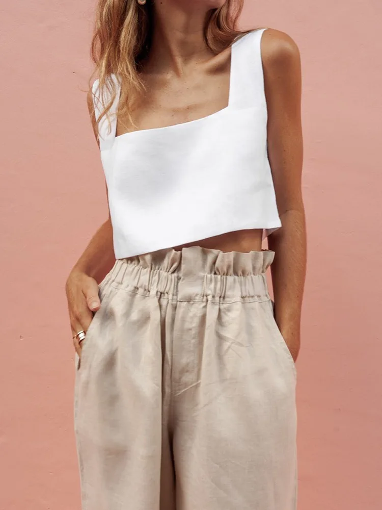 Antibacterial 100 Pure Lin Strap Vest Women's Short Style Belly Baring Square Collar Casual Summer Fashion Linen Crop Top