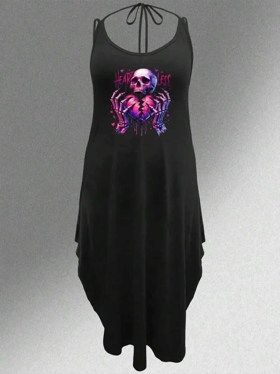 

Women Heartless Skull Print Sleeveless Maxi Dress Loose Fit Spaghetti Strap Summer