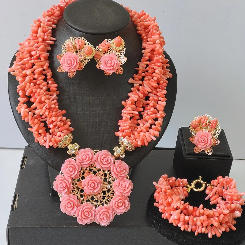 

Pink Flower Necklace Original Nigerian Coral Beads African Wedding Bride Jewelry Sets