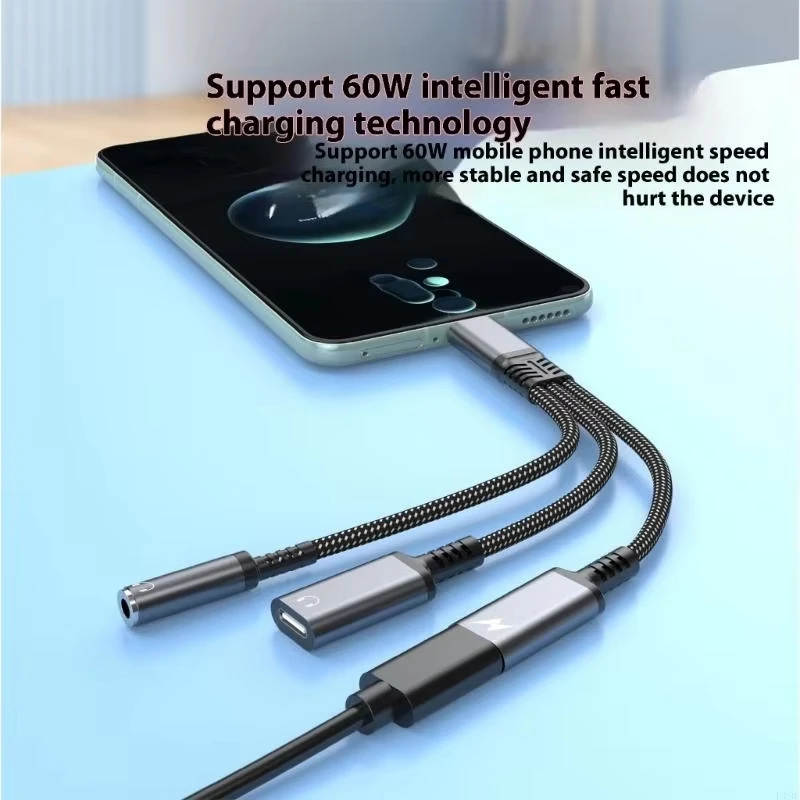 Adaptador 3 en 1 Tipo C de Carga Rápida para iPhone 17 16 Samsung, Cable Adaptador de Audio Tipo C a Doble Tipo C/3.5mm para Auriculares