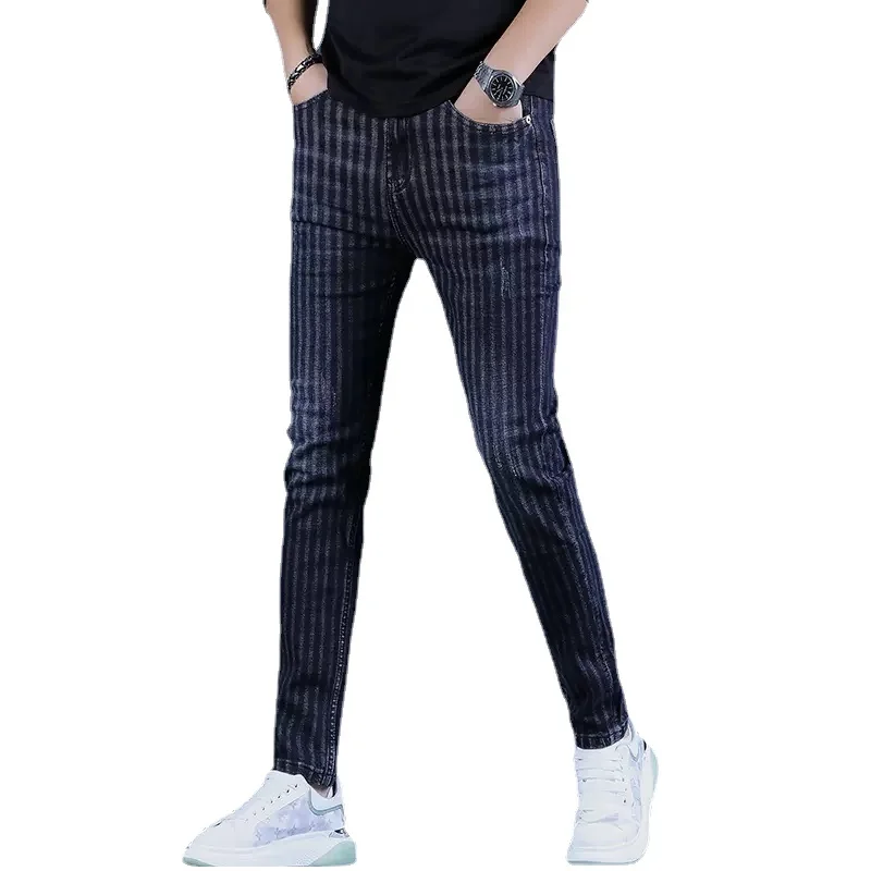 Autumn Winter Blue Black Striped Jeans Men Casual Slim Fit Straight Pants Streetwear Fashion Cotton Scratched Denim Trousers