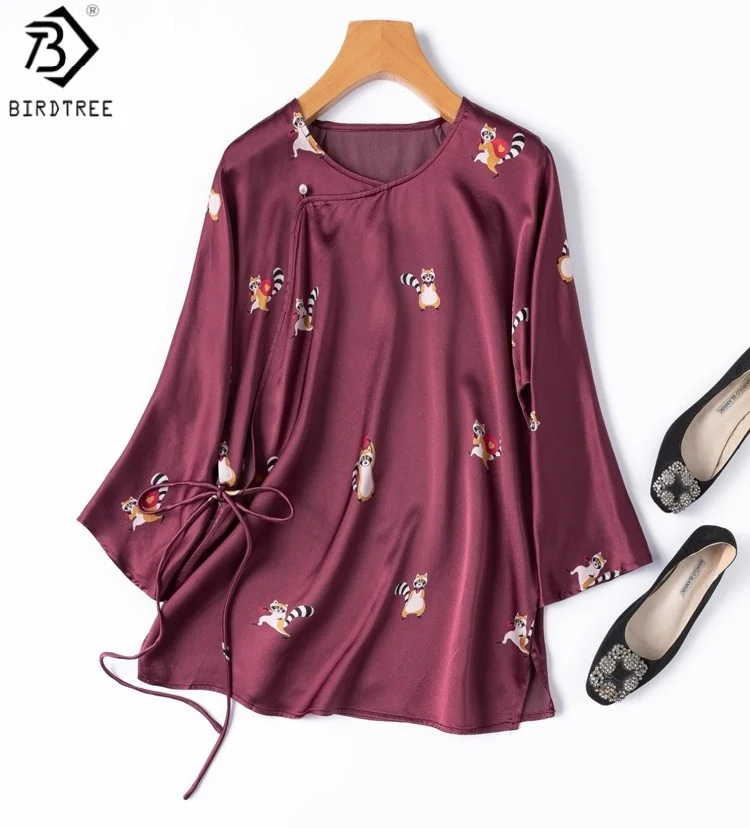 Birdtree 21MM 100%  Silk Red Purple Shirt,Women Plain Satin Diagonal Placket Raccoon Print Blouse,2025 New T57004JF