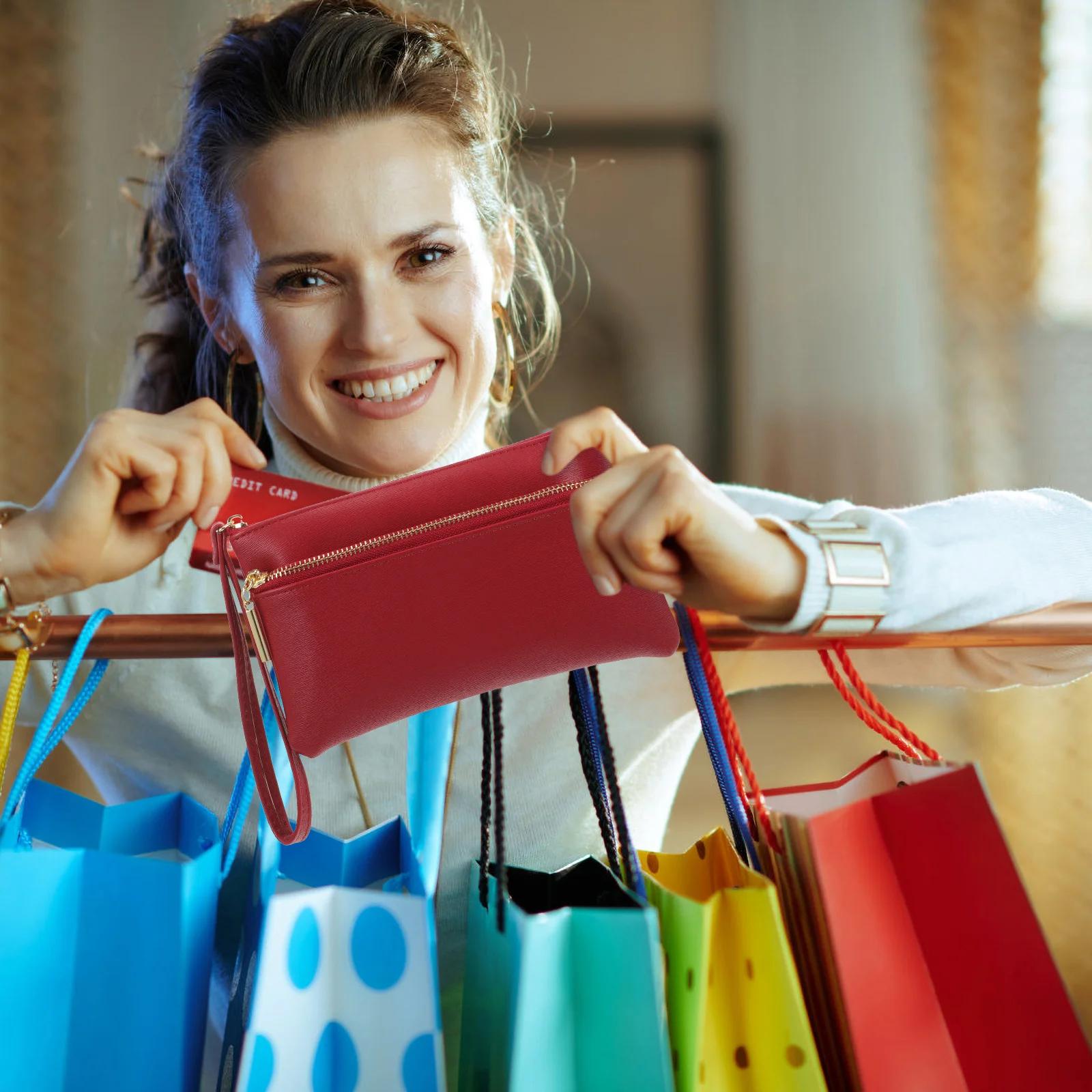 

Woman PU Wallet Red Long Zipper Design Lightweight Lady Storage Wallet Premium Material Travel Daily Use Card Holder