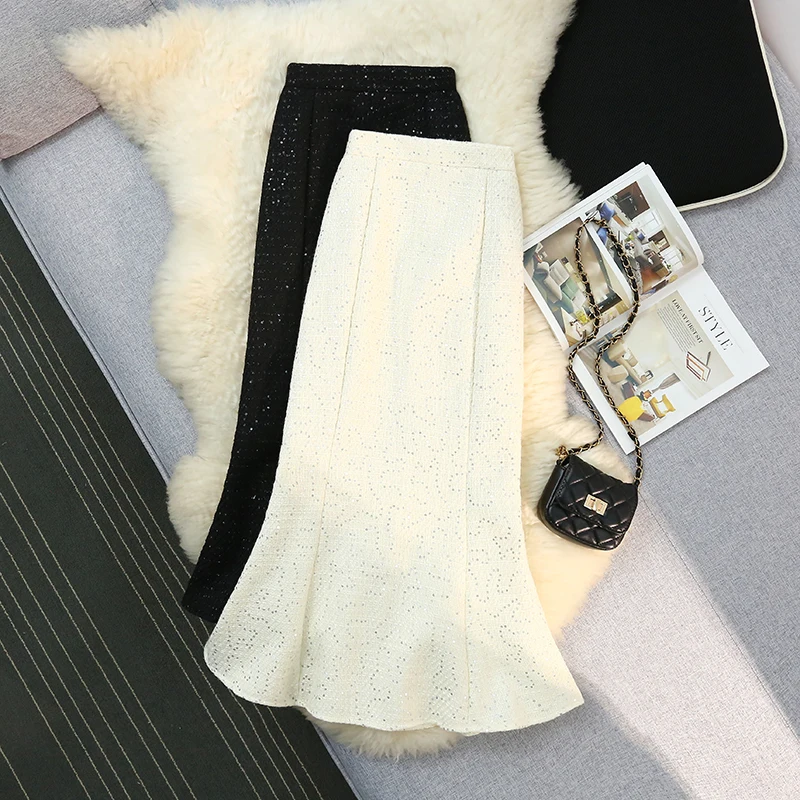 

Seoulish Vintage High Waist Autumn Women's Skirts 2024 New Beading High Waist Office Lady Solid Color Ruffles Long Skirts Female