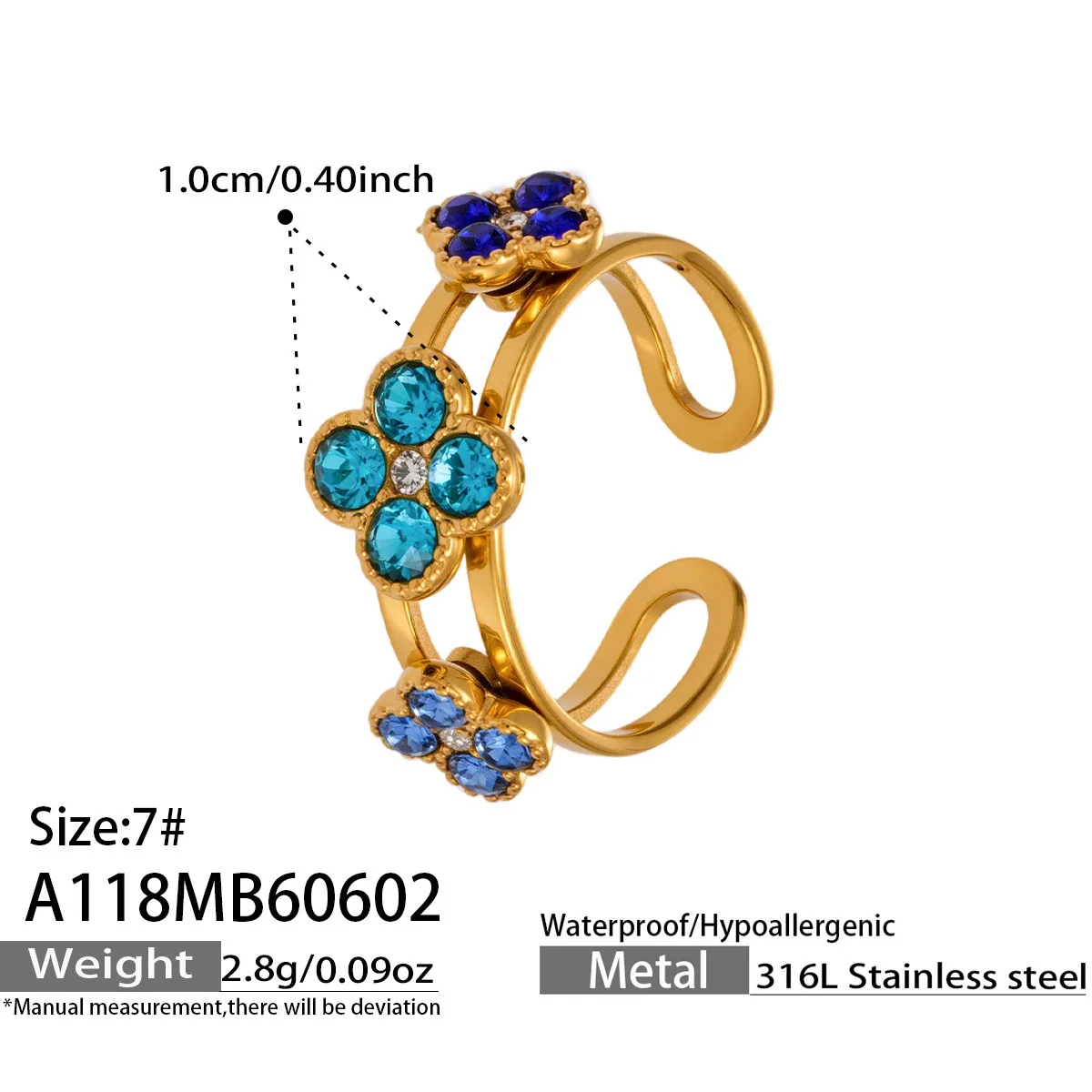 316L Edelstahlring 18K Vergoldet Farbige Blume Zirkon Glücksbringer Vierblättriges Kleeblatt Offener Ring Trendiger Modeschmuck für Damen – Detail 10