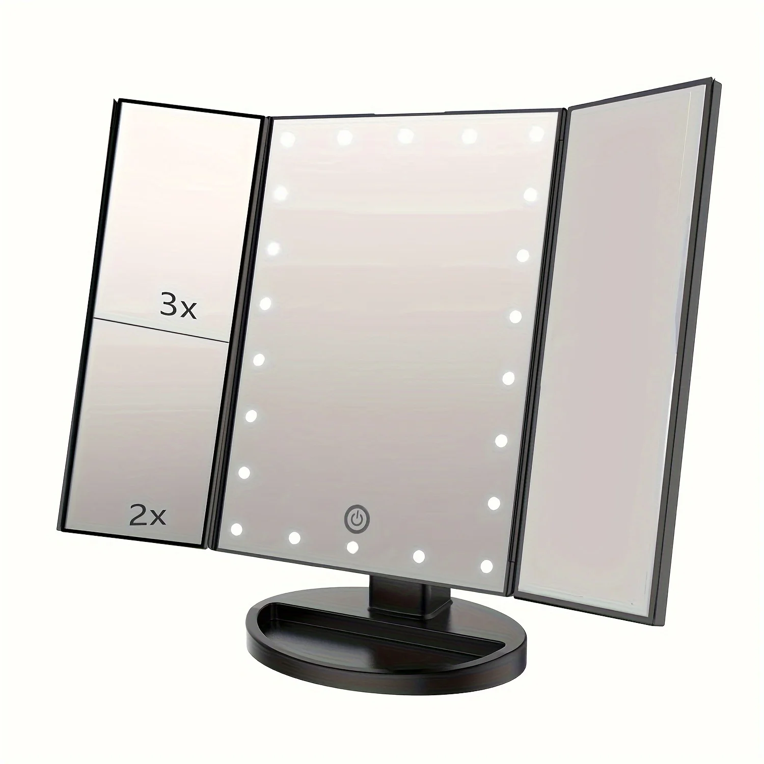 Elegant Tri-Fold Vanity Mirror - 21 LED Lights,  Control, 3x/2x Magnification, USB Powered, 180° Rotation