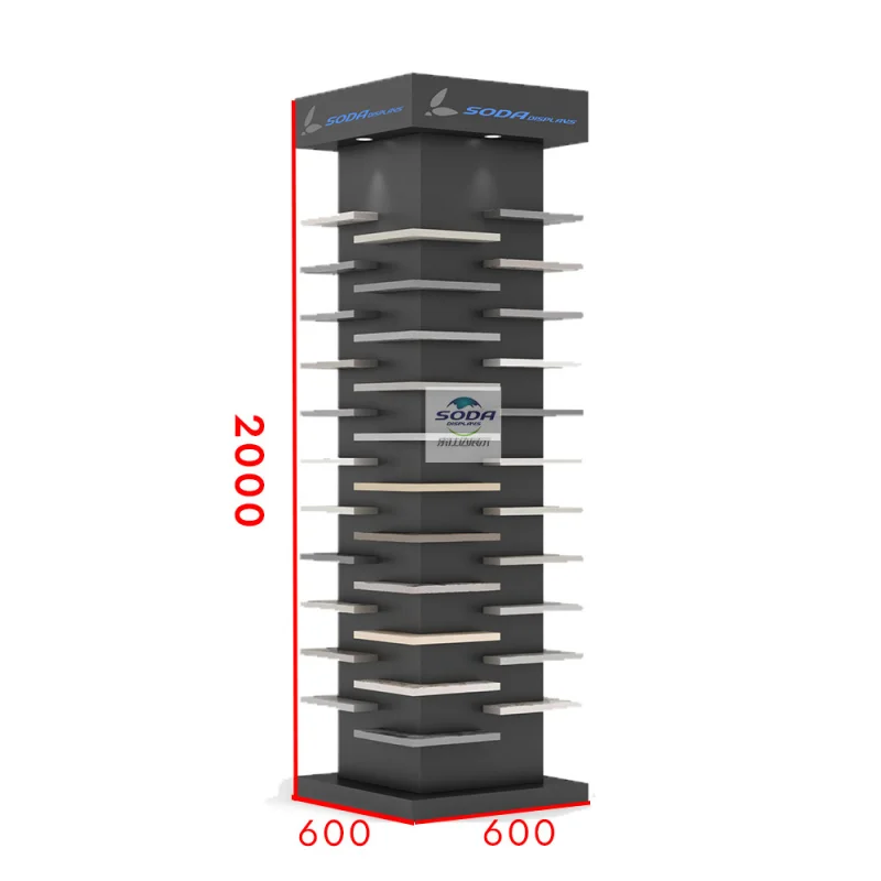 custom.Modern Metal Standing Display Rack with Spotlights Stone Customization, Durable Exhibition Fixture in BuildingMateria