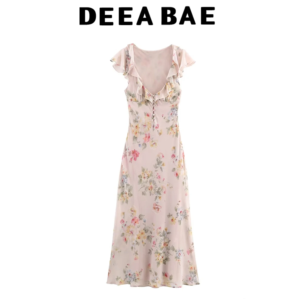 DEEABAE Autumn new women's clothing fashionable temperament sexy flower V-neck short sleeved MIDI dress