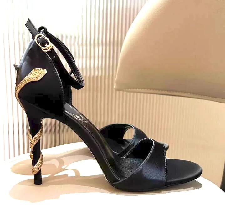 Sexy Gold Crystal Snake-like Strap Twined High Heels Sandals Ankle Strap Peep Toe Cutout Banquet Dress Woman Shoes