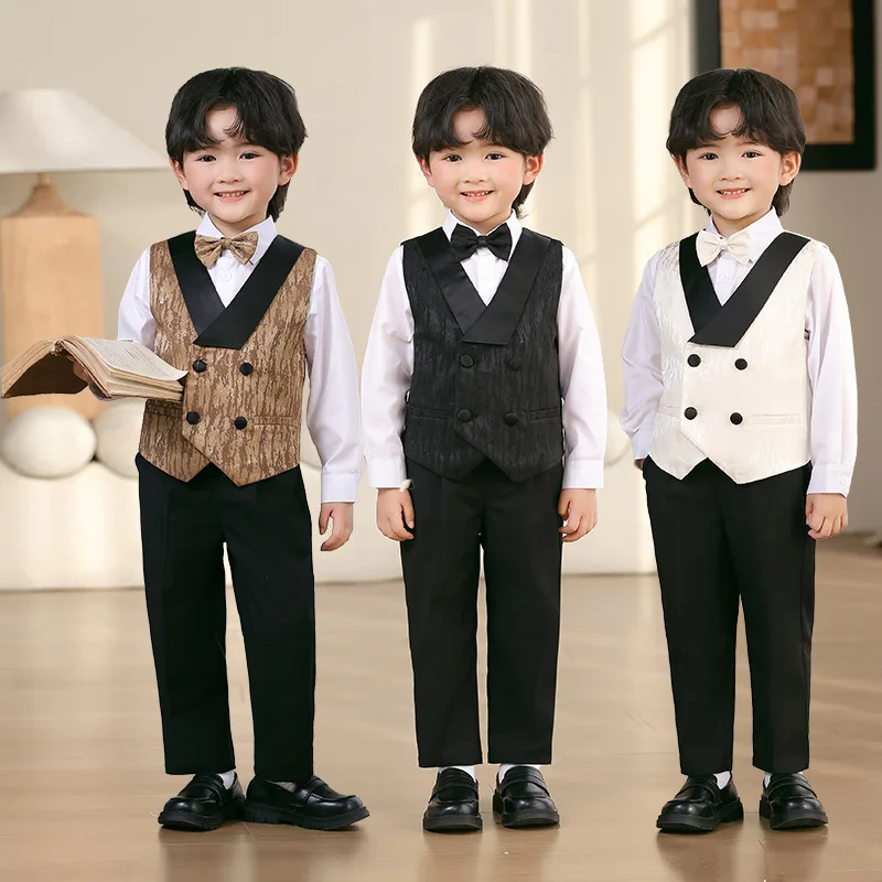 

Kids Double Breasted Smooth Vest Pants Children Fashion Waistcoat Wedding Clothes Sets Formal Dress Boys Tuxedos School Uniforms