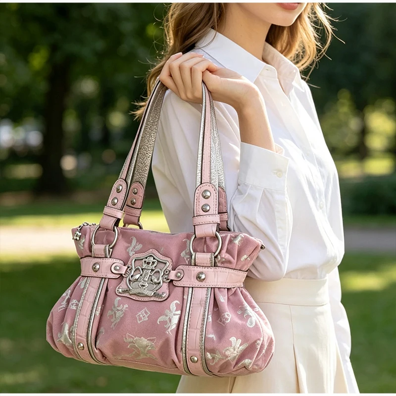 Koreanische Y2K-Style-Schultertasche, süßes, trendiges Design mit rosa Aufdruck, Damen-Tragetasche, Vintage-Nieten-Dekor, leichte, gerüschte Handtasche für den Alltag – Detail 13