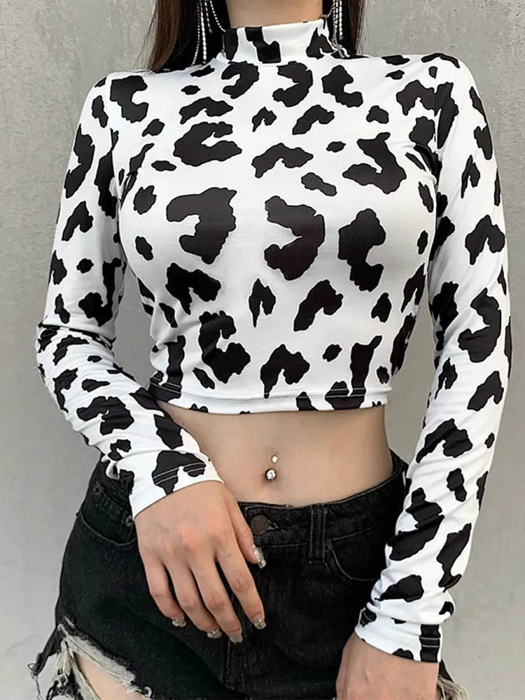 Padrão Vaca Leite feminino Top Colheita Estampada, Manga Longa, Slim Fit, Moda Natalícia, Camiseta Curta Casual, Streetwear Sexy