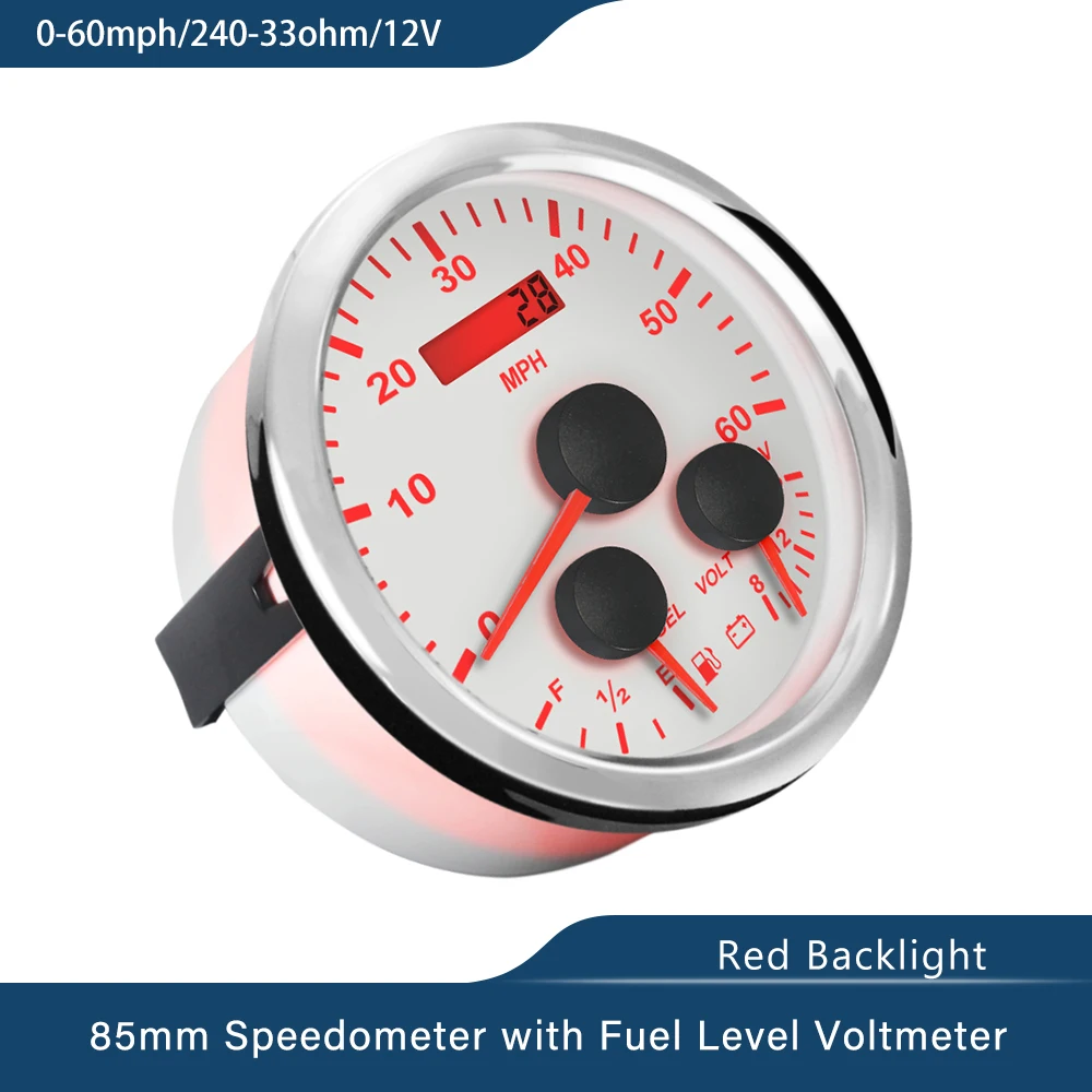 Newest 85mm 0-60MPH 0-200km/h GPS Speedometer Odometer With Fuel Level Voltmeter With Red Backlight for Car Boat