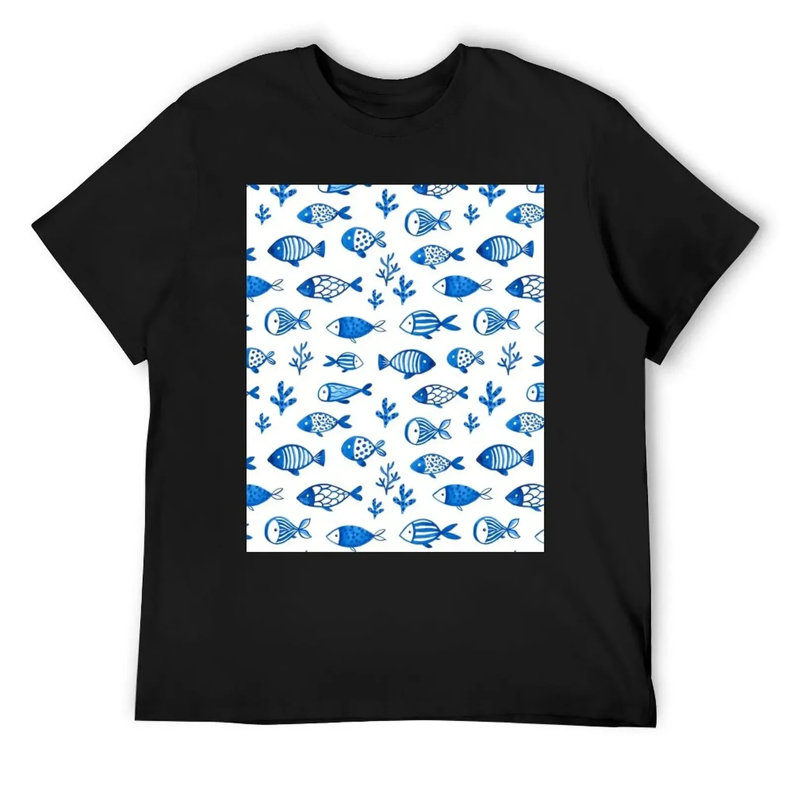 Blue gouache fishes T-Shirt heavyweights street wear mens graphic t-shirts