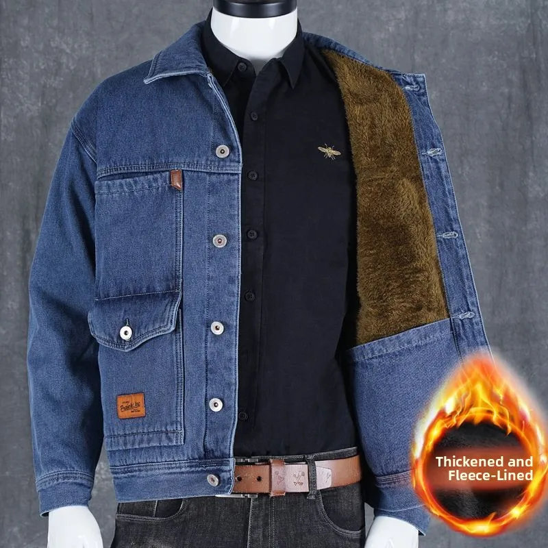 

Men's Casual Fce-Lined Denim Jaet Loose Fit Large Size Autumn Winter Workwear Jaet Outdoor Sle Long Sve Cotton Coat