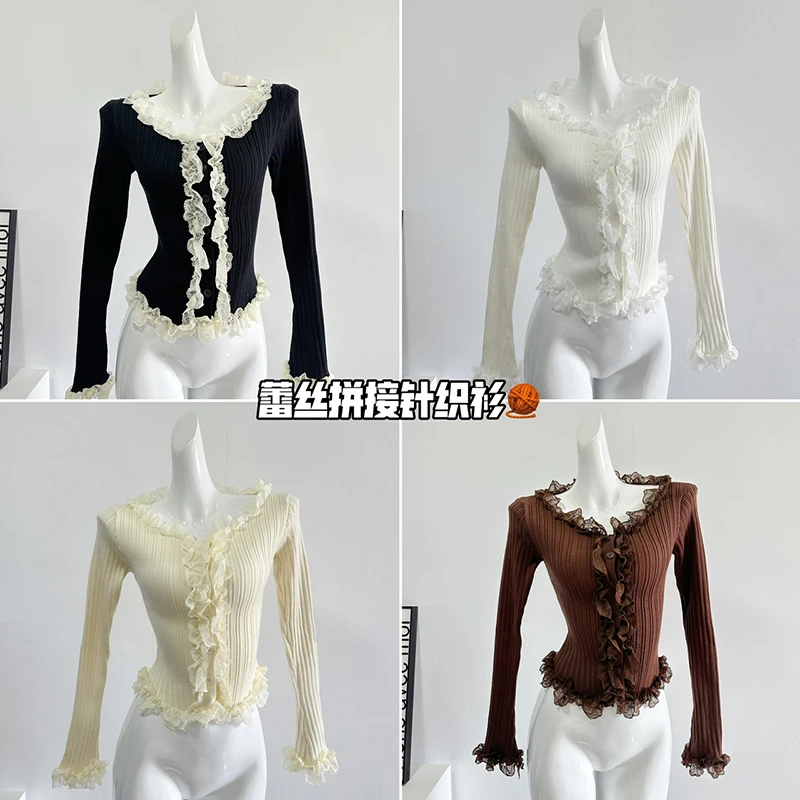 

French Short Crew Neck Fungus Edge Cardigan Old Money Style Women Y2k Women's Clothing Korean Style Women's Clothing New Knit