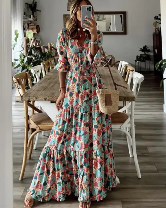 

Elegant Dresses for Women 2026 Fashion V-neck Digital Printing Wood Ear Edge Waist Tied Long Dress Plus Size Female Skirt
