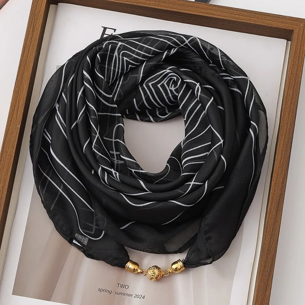 Elegant Chiffon Square Scarf Magnetic Buckle Lightweight Stripe Printed Neck Scarf Satin Neckerchief Women