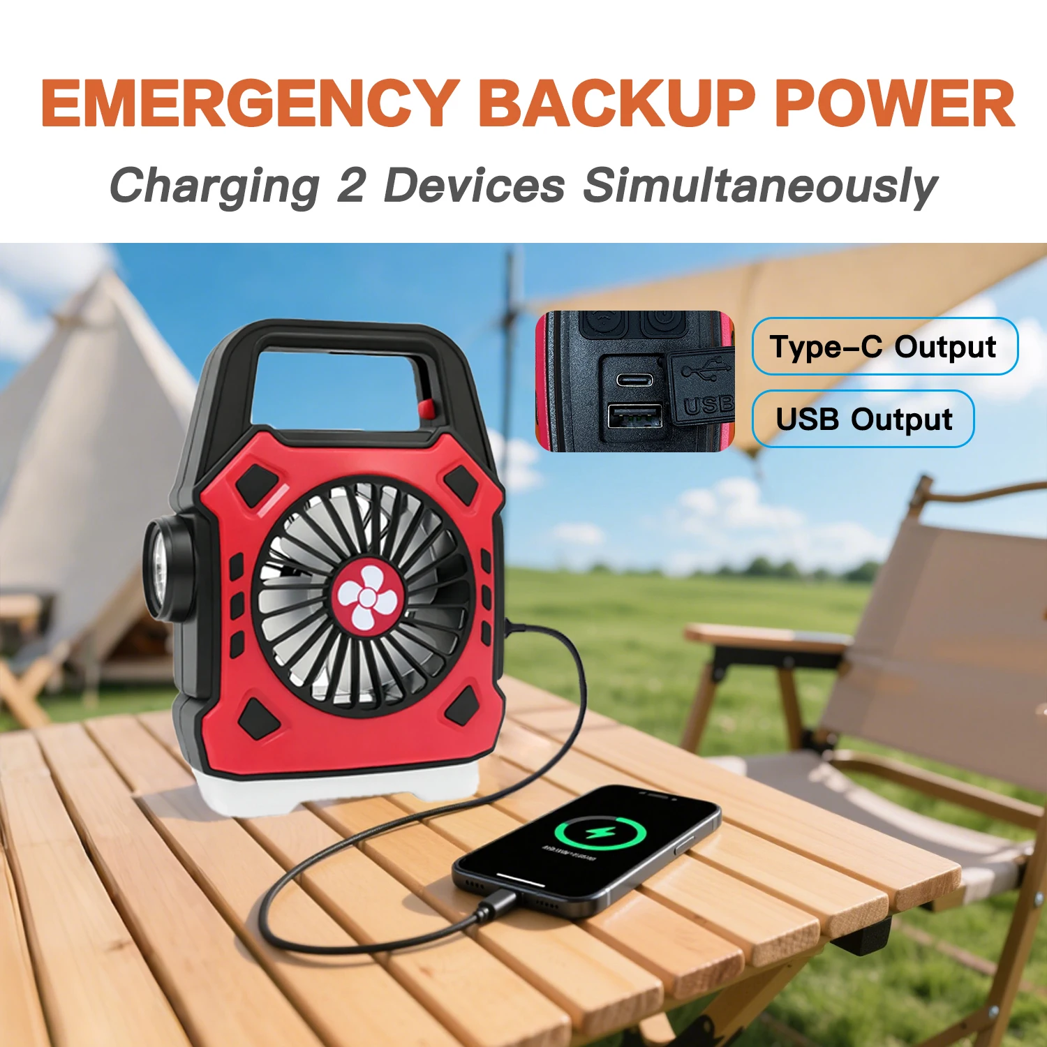 Вентилятор для кемпинга, 1200 мАч со светодиодной лампой Портативный вентилятор, USB-перезаряжаемый вентилятор, предметы первой необходимости для путешествий и кемпинга, палатка для улицы