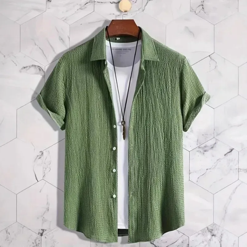 

Blouses Men Shirt Vintage Wrinkle Turn Down Collar Short Sleeve Single Breasted Top Y2k Streetwear Work Beach Casual 2026 Summer