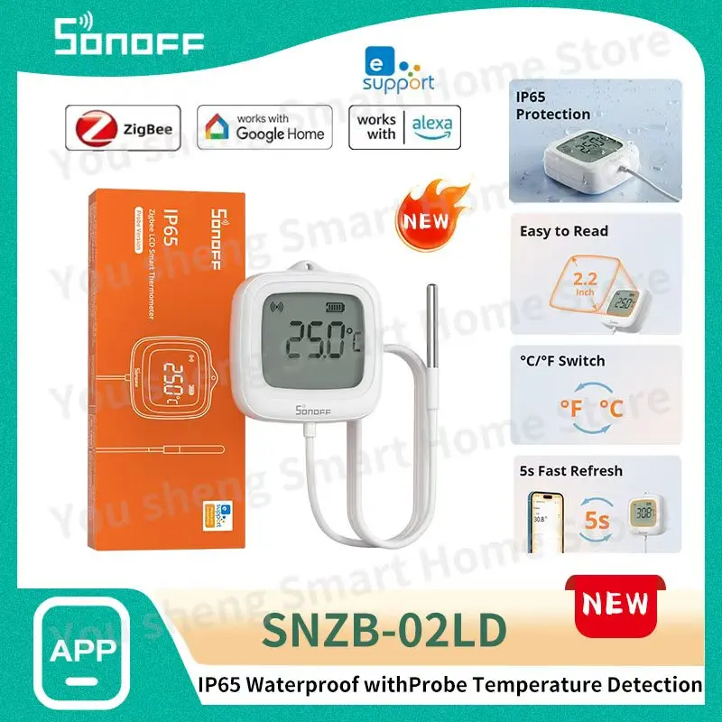 sonoff-snzb-02ld-zigbee30-lcdスマート温度計（プローブ付き）ip65防水、冷蔵庫、プール、水槽、ワインセラー用（zbbridge-p経由）