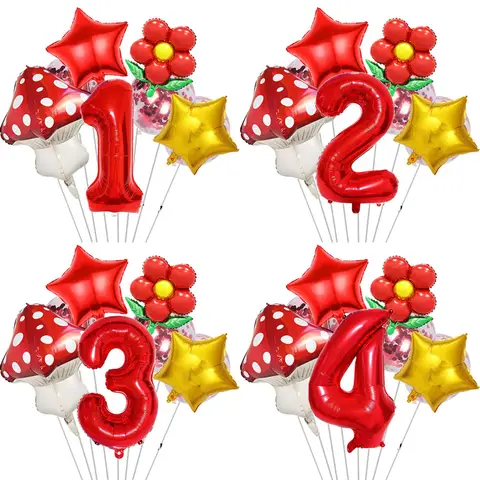 10pcs/set Red Number Balloon Mushroom Balloon 32inch 1-9 Numbers Foil Balloon Birthday Decors Birthday Baby Shower Party Decors