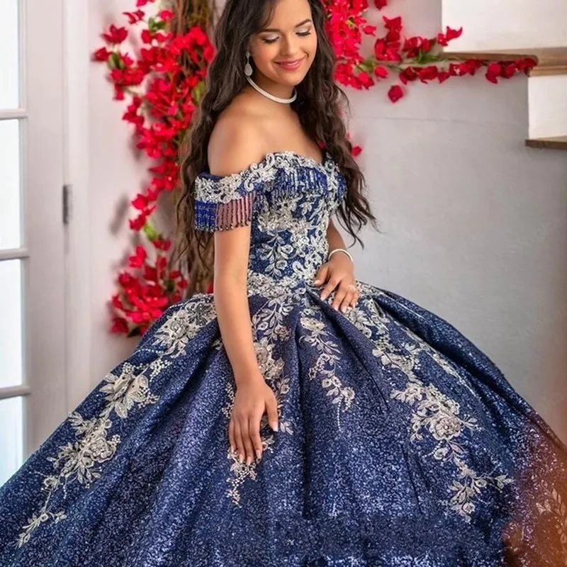 Vestido De baile De princesa para quinceañera, con apliques De flores y cuentas, con cordones, 16