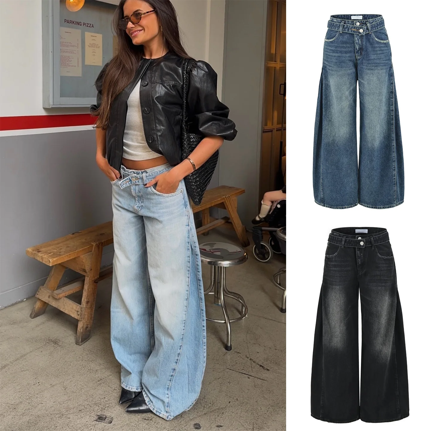 

Summer New Women's Casual Style Metal Button Zipper Waist Belt Wide Leg Floor Length Jeans Loose Fit Natural Waist Polyester ...