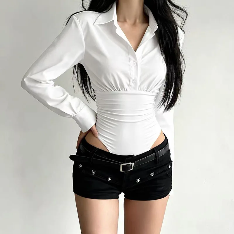 Sexy Satin White Jumpsuit Autumn Grunge Slim Long Sleeve Bodysuits Y2K Fashion Streetwear Tight Lapel Folds Jumpsuit Tops