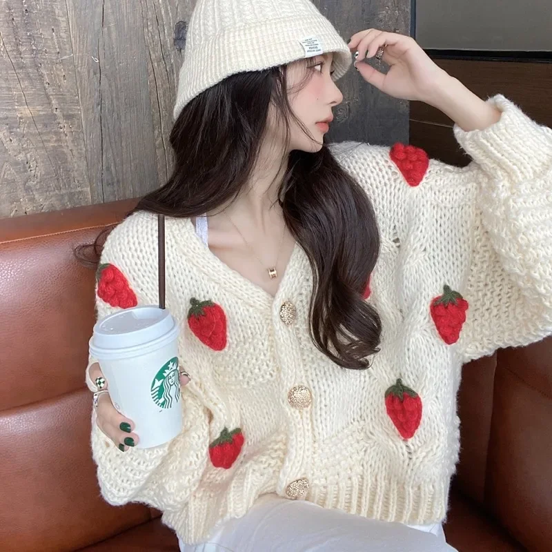 Sweet Cardigans for Women Lovely Strawberry Schoolgirls Autumn Sweaters Knitwear All-match Baggy Korean Style Knitting Chic Cute