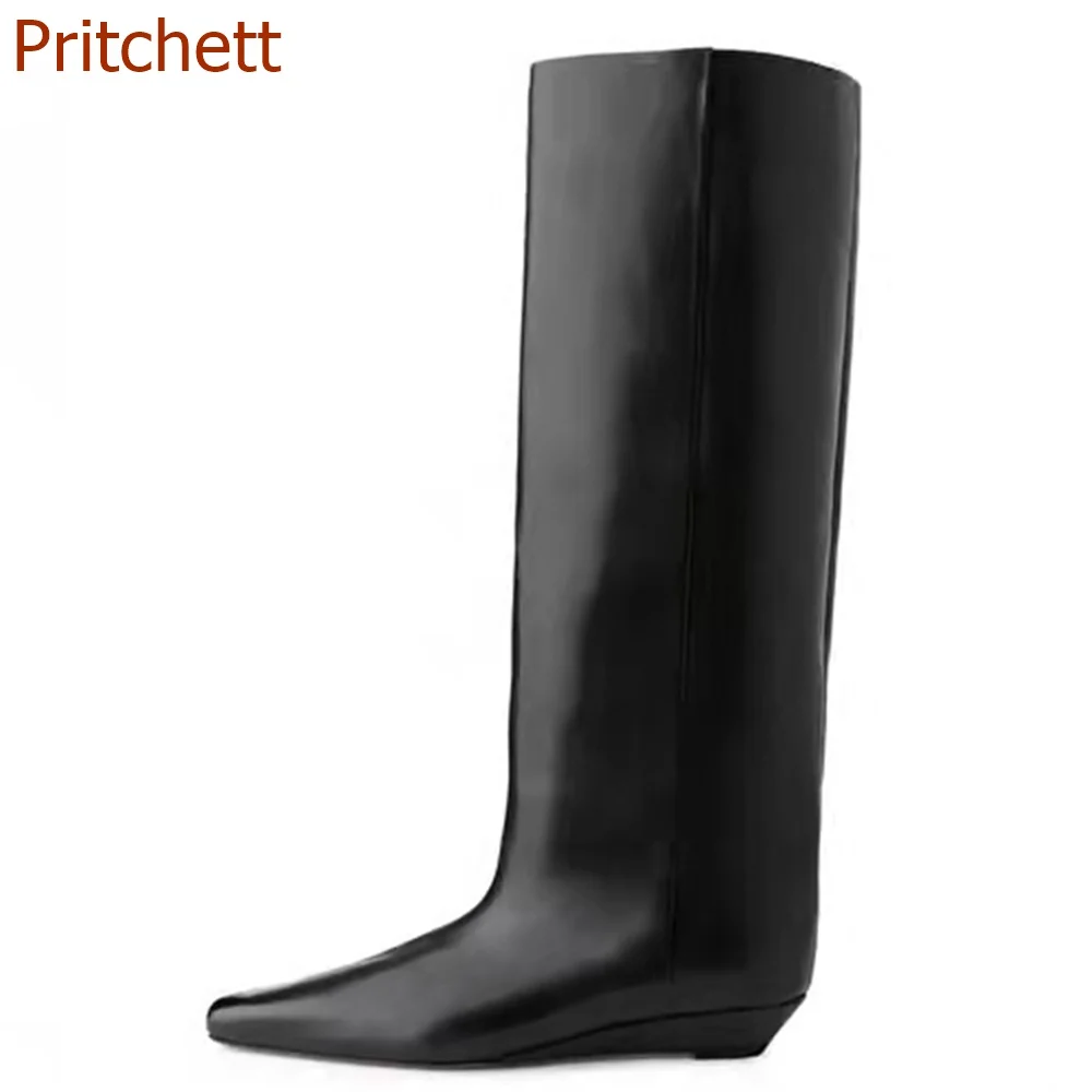 Pointed Toe Wedges Women Boots Knee High Solid Black Height Increasing Genuine Leather Retro Slip On Women Shoes 2023 Newest