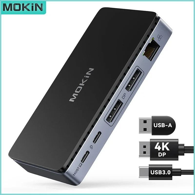 MOKiN USB C Docking Station Dual Display Port 8 in 1 Laptop Docking Station Dual Monitor with 2 DP 4K@60Hz Gigabit Ethernet 100W