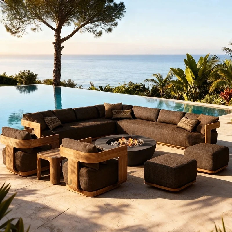 Sofa, with Waterproof UV-resistant Cushion, Outdoor Wooden Furniture, with Customized Service, for Hotel Patio Courtyard Use