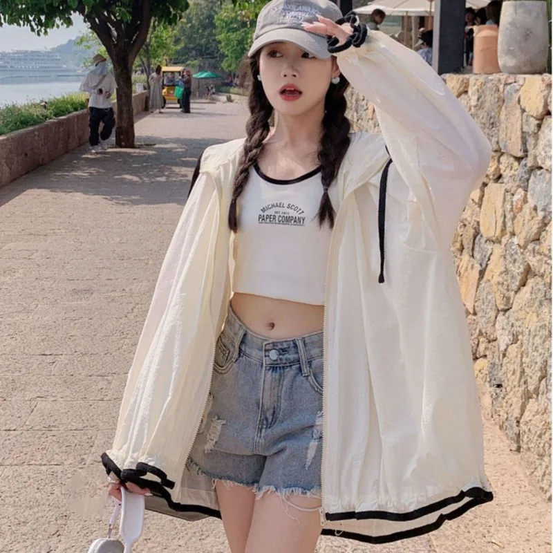 

Women Summer Jackets Hooded Preppy Style Loose Fashion New Sun-proof High Street Holiday Casual Long Sleeve Korean Style Outwear