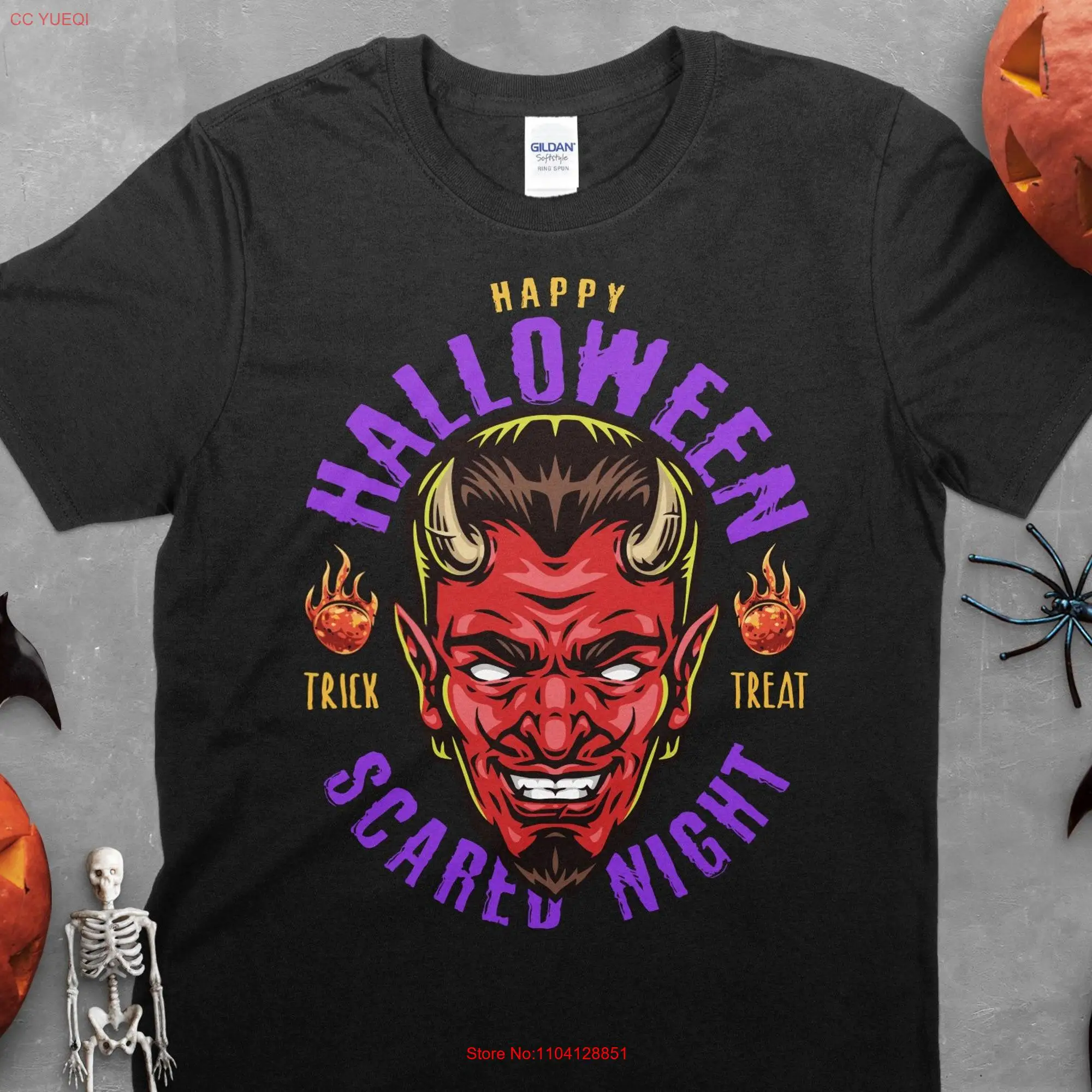 devils trick treat night Men's Spooky T Shirt Halloween Urban Streetwear for Him Present long or short sleeves