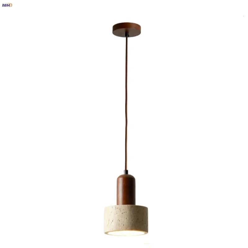 

IWHD Wood Canopy LED Pendant Light Fixture Bedroom Coffee Bar Nordic Modern 2oocm Wire Adjustable Yellow Travertine Hanging Lamp