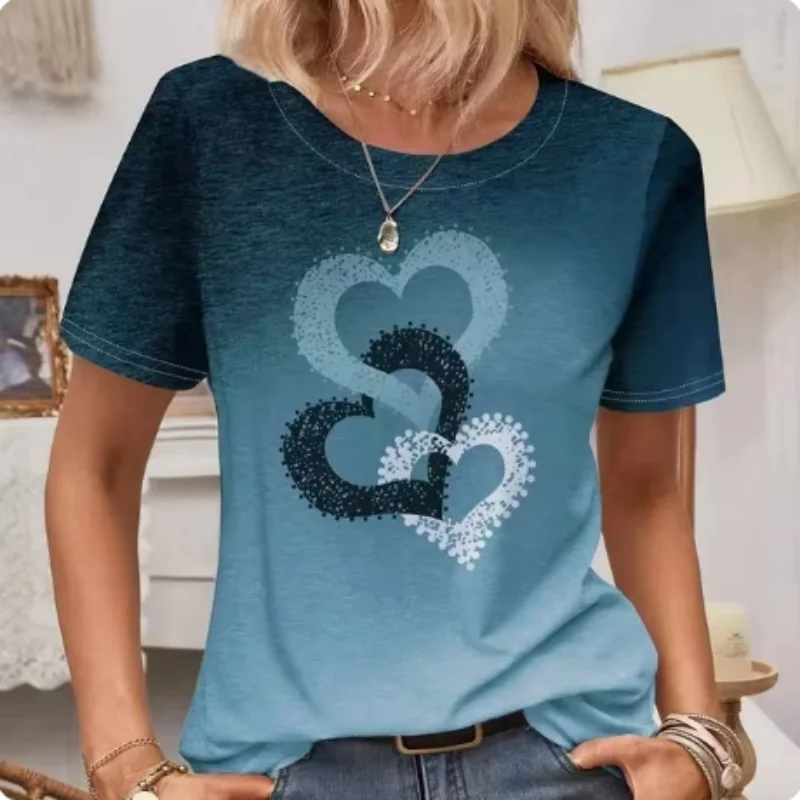 T-shirt da donna a maniche corte con scollo tondo e top con motivo a cuore T-shirt casual da donna Y2K camicia a maniche corte da pendolarismo alla moda