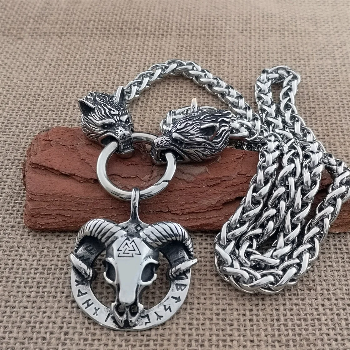 Viking Celtic Wolf Head Necklace Keel Chain Nordic Rune Character Sheep Head Pendant Necklace Viking Jewelry