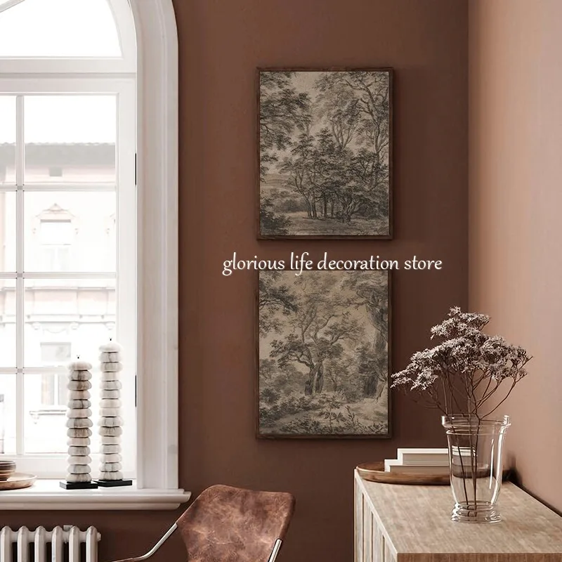 Antique Moody Woodland Landscape Vintage Poster Brown Dark Forest Tree Canvas Printing Wall Art Picture Farmhouse Home Decor