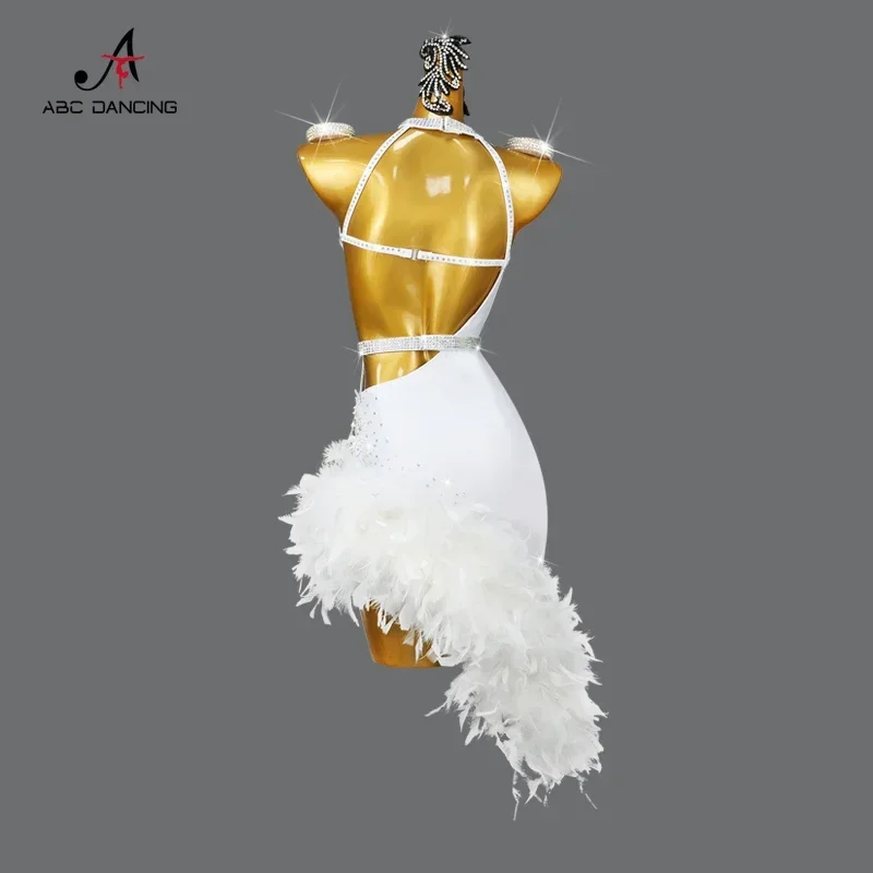 Latin Dance Competition Costume Performance Dress High-end Professional White Feather Cha Cha Chinese Dress 4-piece Set