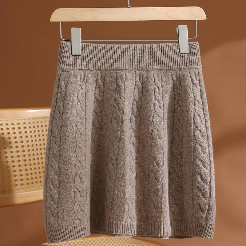 

Women Wool Mini Skirt Twist Flower Elastic Waist Skirt Above Knee Umbrella Skirt Autumn Winter Knit Woman 100% Merino Wool Skirt