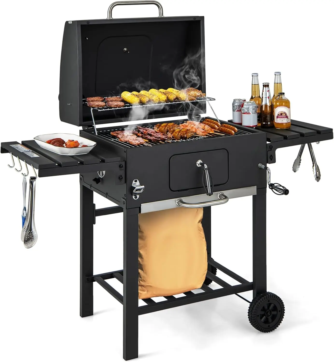 Charcoal Grill Outdoor BBQ Grill with 2 Foldable Side Tables, 8 Hooks, Storage Shelf, 2 Wheels, Flame Control, Heavy Duty